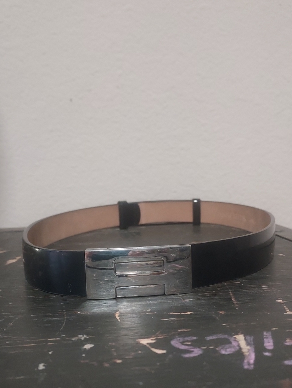 Anne Klein Black Leather Belt with Tan Interior